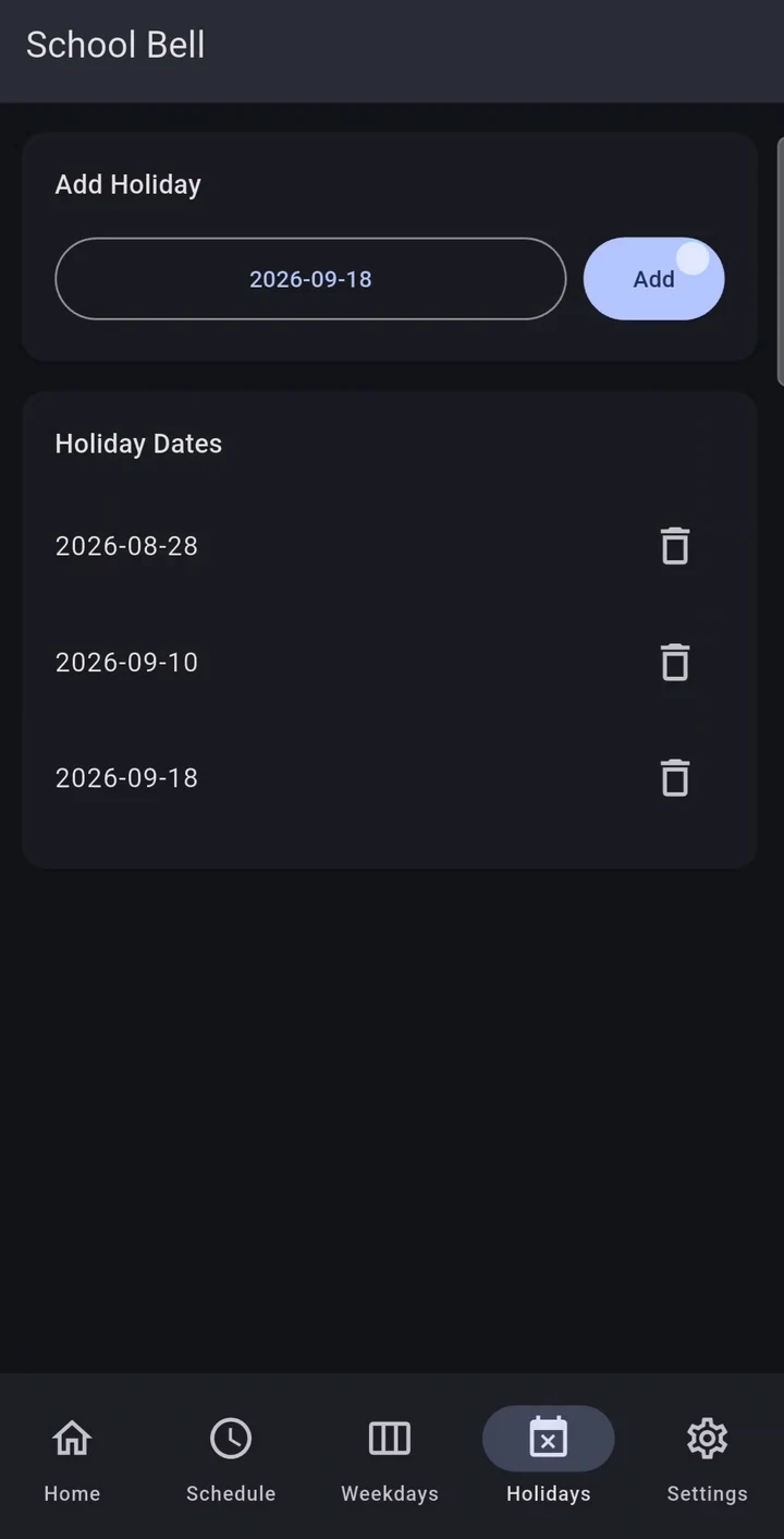 Automatic Bell holidays screen