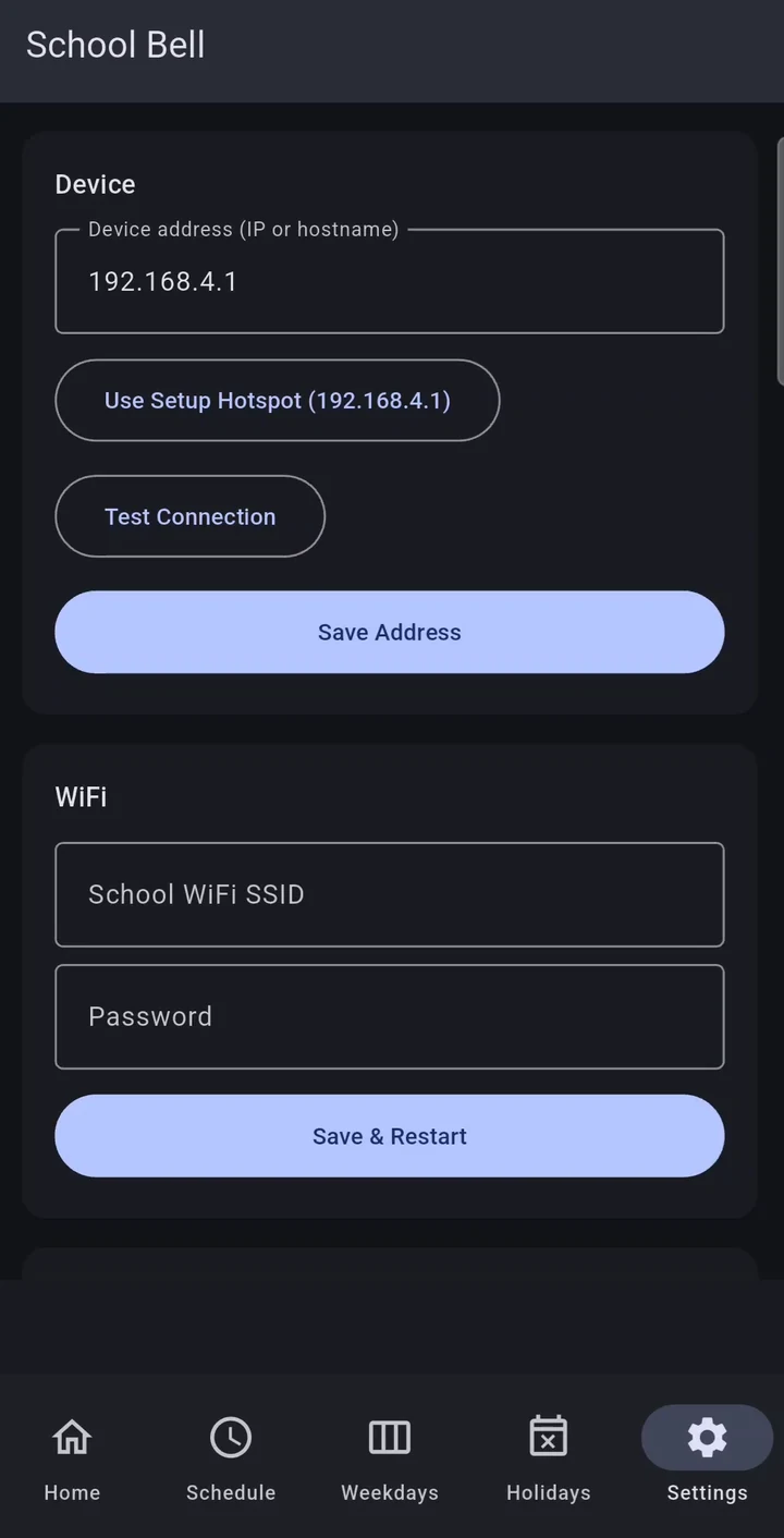 Automatic Bell settings screen