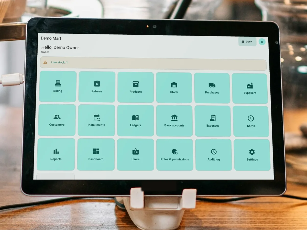 SELLO Retail Android tablet: Home screen on a counter tablet