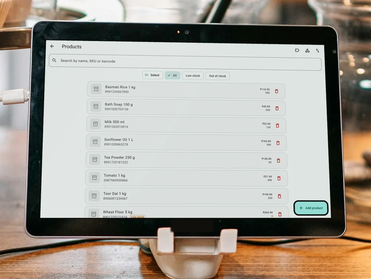 SELLO Retail Android tablet: Products and stock levels