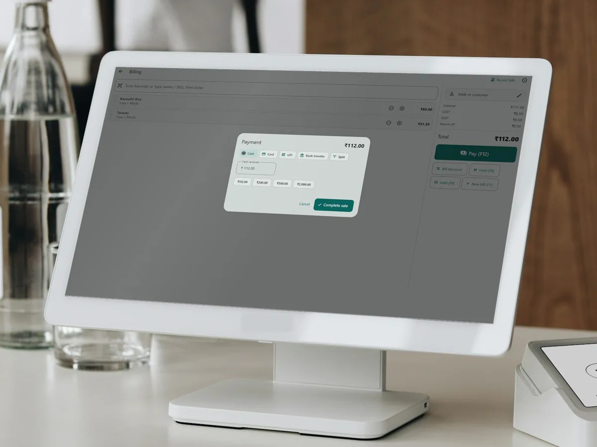SELLO Retail Windows POS: Cash with change, card, UPI, transfer or split